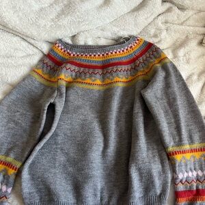 Gray and Red Crew Neck Sweater with Fair Isle Pattern
